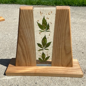 Hemp Cannabis Pot Green Leaves and Gold Flakes Clear Epoxy Resin Art River Nature Ash Wood Suncatcher Botanical Gift Idea