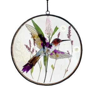 Real Pressed Dried Pteris Flowers and Hummingbird Stained Glass Suncatchers Mother's Day gifts