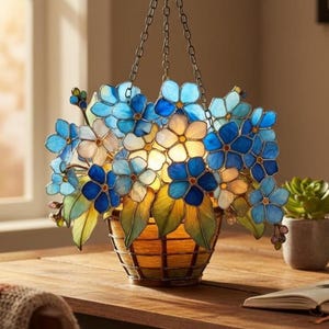Handcrafted Resin Suncatcher With Blue Flowers, Decorative Floral Window Panel, Artistic Resin Gift