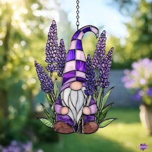Lavender Gnome Suncatcher, Purple Garden Decor, Acrylic Window Hanging, Spring Flower Art, Gardener Gift for Mom, Cute Gonk Ornament