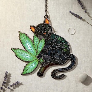 Black Cat Cannabis Leaf Resin Suncatcher, Faux Stained Glass Window Hanging, Unique Cat Lover Gift, Boho Home Decor, Stoner Aesthetic Art