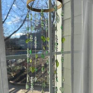Green Leaf Crystal Suncatcher | Beaded Boho Window Mobile