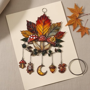 Autumn Forest Resin Suncatcher, Mushroom Leaf Owl Squirrel Window Hanging, Fall Resin Decor, Woodland Home Gift